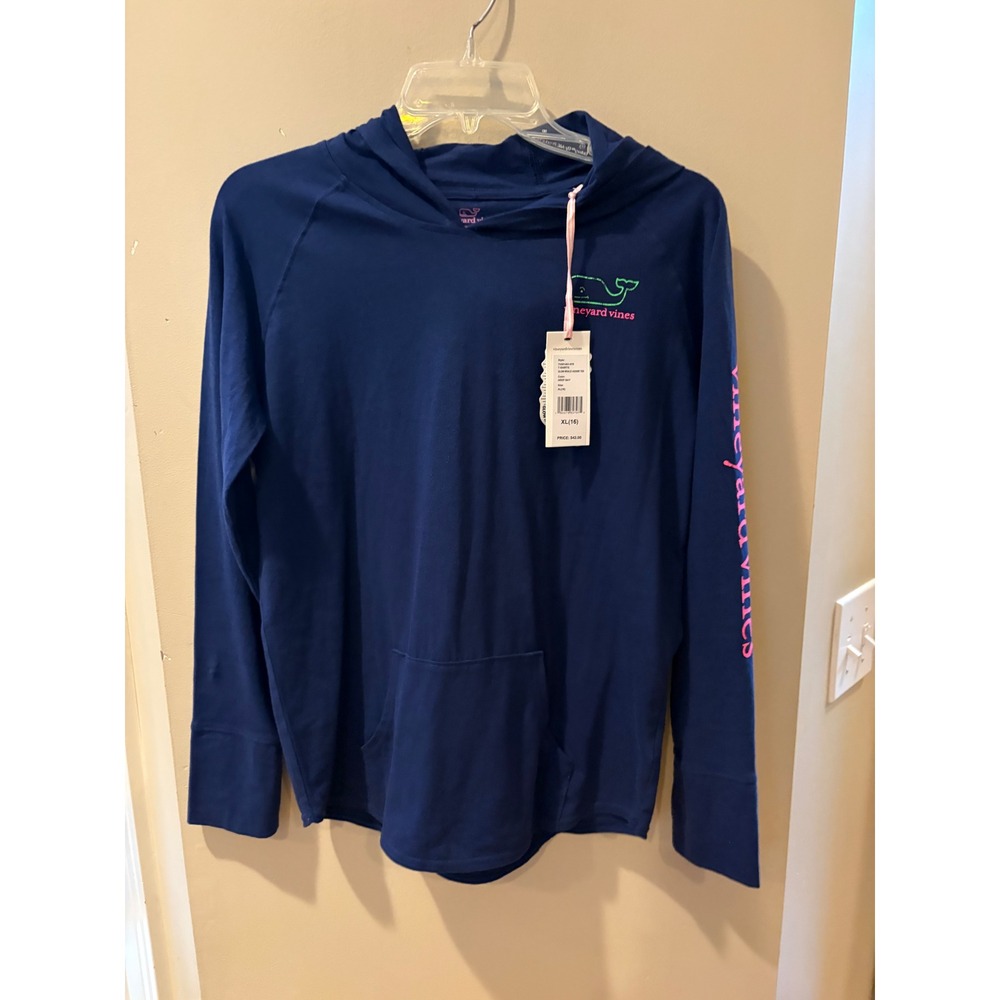 New Vineyard Vines Kids XL 16 Whale Hoodie Tee Deep Bay Blue Long Sleeve Shirt